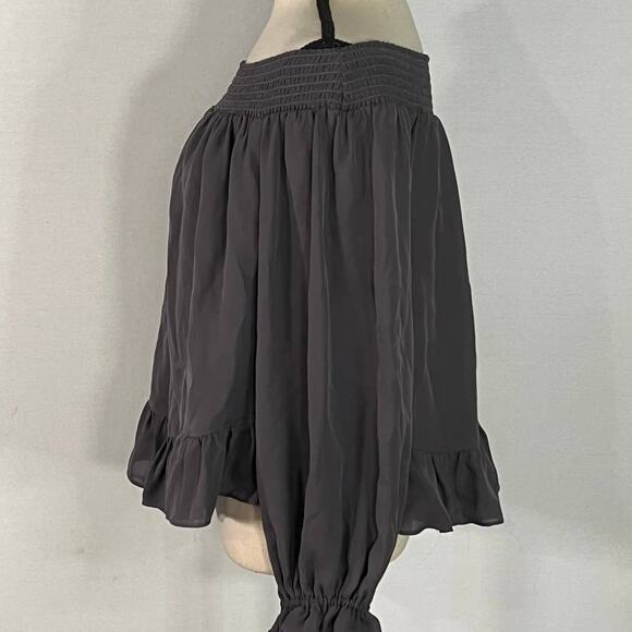 LoveShackFancy Blouse Women's Medium Gray Silk Off the Shoulder Ruffle Cuff - Picture 5 of 8